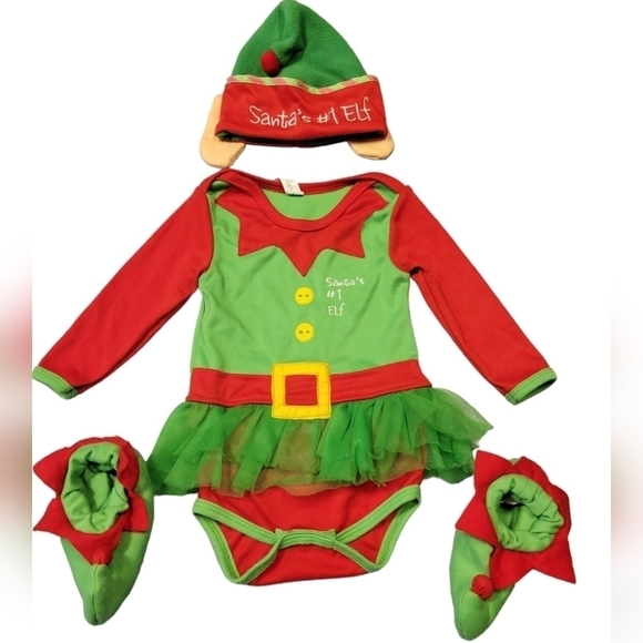 Costumes USA Christmas Elf outfit, onesie, red, green, yellow - Picture 8 of 10